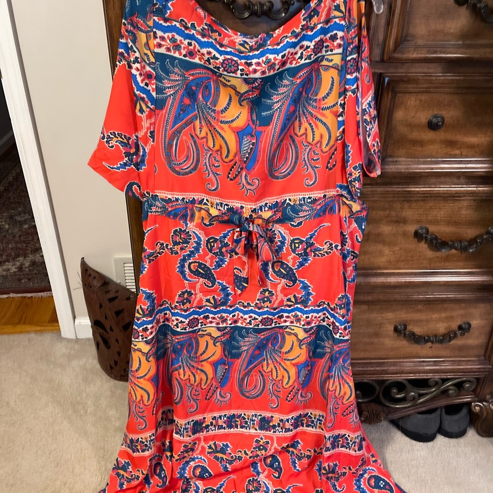 Eva Franco Orange Paisley Maxi Dress with Blue and Yellow Accents